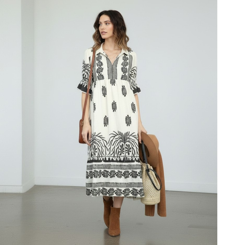Border Print Boho Midi Dress Puff Sleeves Split Neck Lined Cream Black M